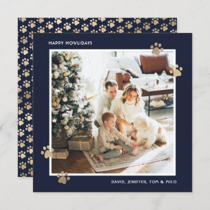 Elegant Blue Gold Paw Photo Happy Howlidays Holiday Card