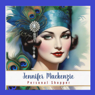 Elegant Blue Gold Peacock Woman Square Business Card