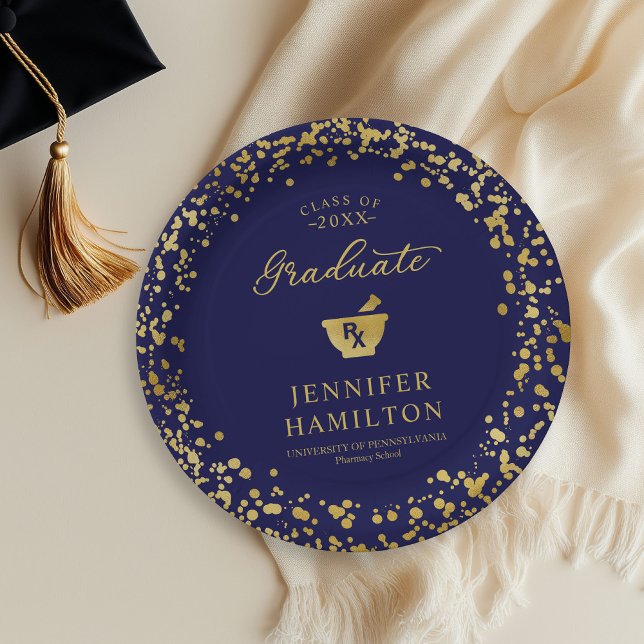 Elegant Blue Gold Pharmacy School Graduation Paper Plate (Creator Uploaded)