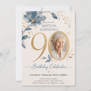 Elegant Blue & Gold Photo 80th Birthday Invitation