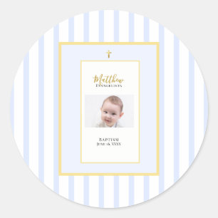 Elegant Blue Gold Photo Baptism Classic Round Sticker