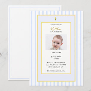 Elegant Blue Gold Photo Baptism Invitation