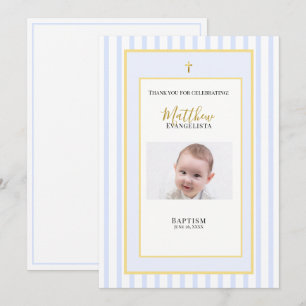 Elegant Blue Gold Photo Baptism Thank You Card