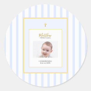 Elegant Blue Gold Photo Christening Classic Round Sticker