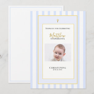 Elegant Blue Gold Photo Christening Thank You Card