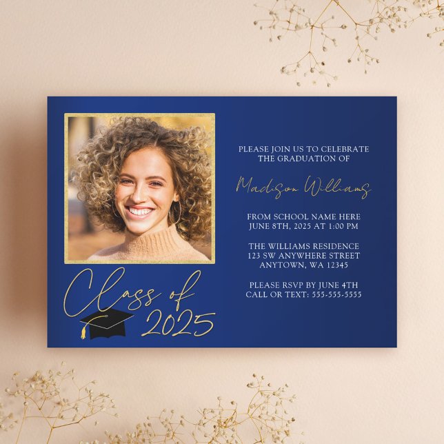 Elegant Blue Gold Photo Graduation Announcement (Creator Uploaded)