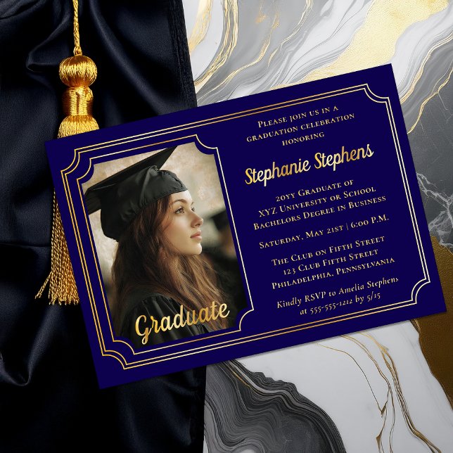 Elegant Blue & Gold Photo Graduation Party  (Elegant Blue and Gold Foil Graduation Party Invitation with Photo and Scalloped Frame)