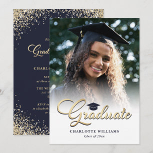Elegant Blue Gold Photo Graduation Party Invitation