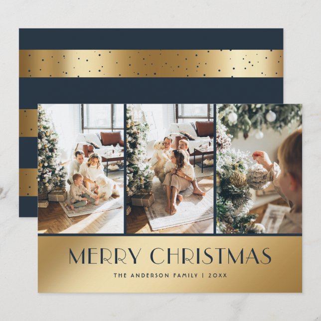 Elegant Blue Gold Photo Merry Christmas Card (Front/Back)