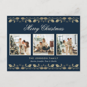 Elegant Blue Gold Photo Merry Christmas Holiday Postcard