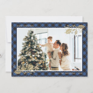 Elegant Blue Gold Plaid Photo Christmas Card
