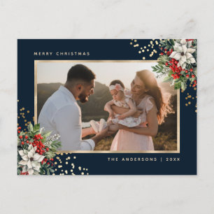 Elegant Blue Gold Poinsettia Holly Berries Photo Holiday Postcard