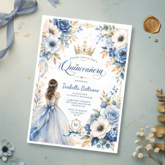 Elegant Blue Gold Princess Floral Quinceañera Invitation