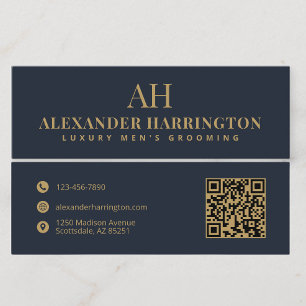 Elegant Blue Gold Qr Code Barber Grooming Business Calling Card