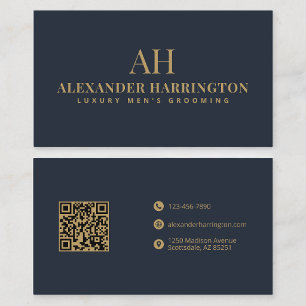 Elegant Blue Gold Qr Code Barber Grooming Business Card