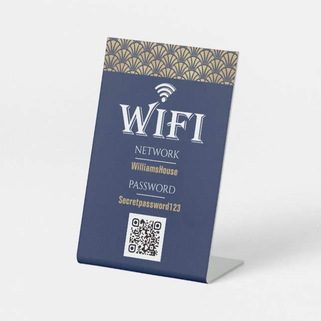 Elegant Blue Gold QR Code Wifi Password Network Pedestal Sign (Front)
