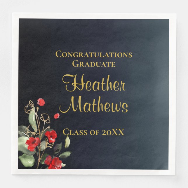 Elegant Blue Gold Red Floral Graduation Party Napkin (Front)