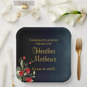 Elegant Blue & Gold Red Floral Graduation Party Paper Plate