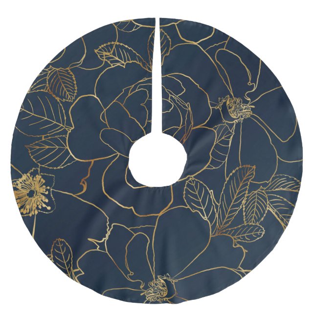 Elegant Blue Gold Roses Floral Brushed Polyester Tree Skirt (Front)