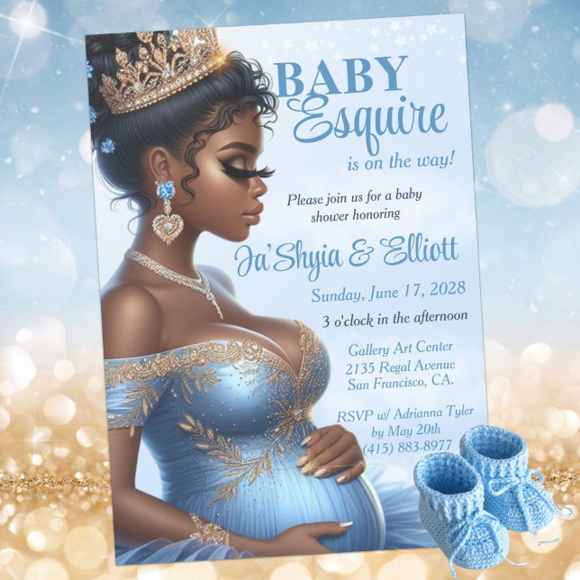 Elegant Blue & Gold Royal Baby Shower Ethnic Woman Invitation (Pregnant African American Woman Elegant Blue & Gold Royal Baby Shower Invitation )