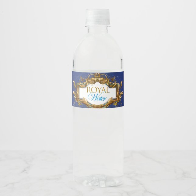 Elegant Blue & Gold Royal Water Bottle Label (Front)