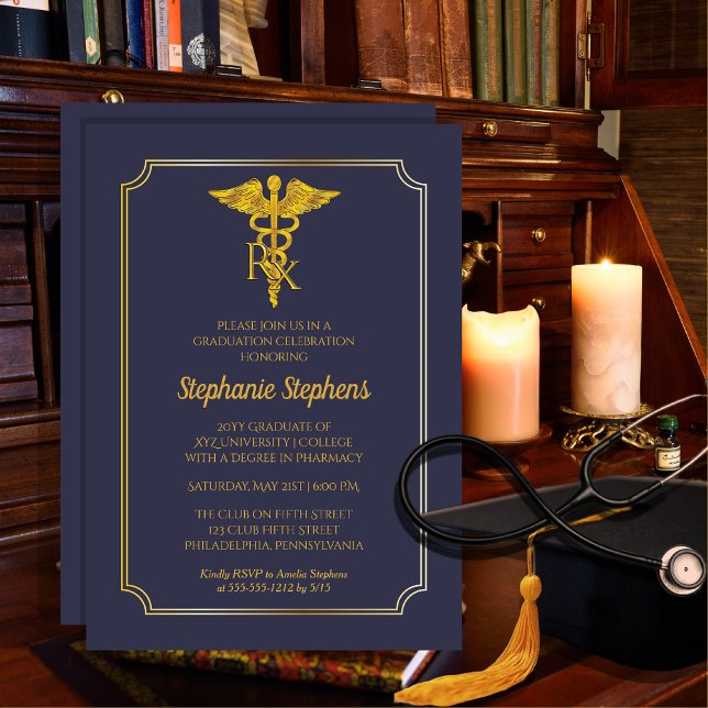 Elegant Blue | Gold Rx Pharmacy Graduation Party Invitation (Classy Elegant Blue and Gold Tone "Rx" Pharmacy Pharmacist Graduation Announcement Party Invitation)