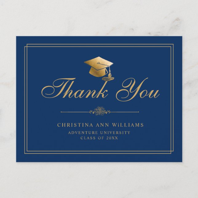 Elegant Blue Gold Script Graduation Thank You Postcard (Front)