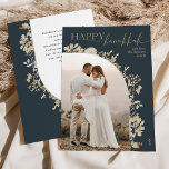 Elegant Blue Gold Script Happy Hanukkah  Holiday Card<br><div class="desc">This design features a floral arch design with a delicate white floral glitter gold frame that outlines a single vertical photo. To make advance changes,  select Personalise -> Edit using Design tool option to further edit/add text boxes,  colour and font.</div>