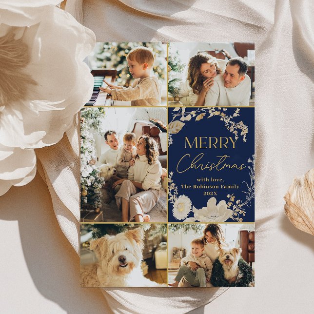 Elegant Blue Gold Script Multi Photo Christmas  Holiday Card (Creator Uploaded)