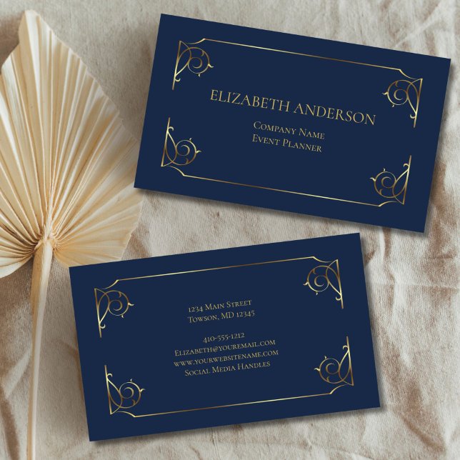 Elegant Blue Gold Scroll Minimal  Business Card (Blue Gold Scroll Minimal Professional Elegant Front Back Business Card)