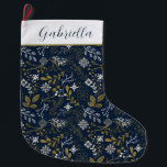 Elegant Blue Gold Silver Botanical Pattern Large Christmas Stocking<br><div class="desc">A stylish elegant Christmas stocking. This dark blue stocking features a botanical pattern shades of gold and silver. Personalise with your name in matching blue</div>