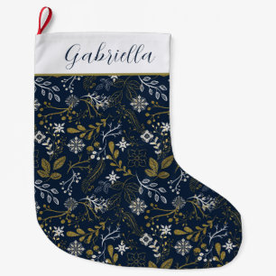 Elegant Blue Gold Silver Botanical Pattern Large Christmas Stocking