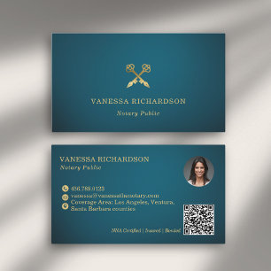 Elegant Blue & Gold Skeleton Key Notary Public QR Business Card