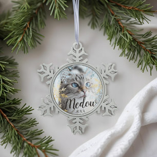 Elegant Blue & Gold Snowflake Customise Pet Photo Pewter Christmas Ornament