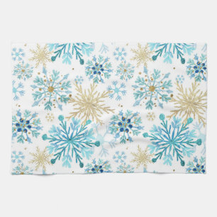 Elegant Blue & Gold Snowflake Pattern Tea Towel