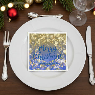 Elegant Blue Gold Snowflakes Merry Christmas Napkin