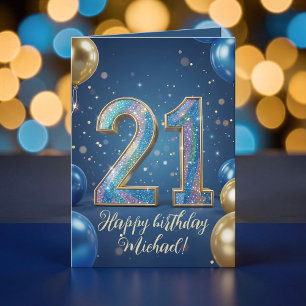 Elegant Blue Gold Sparkly Balloons 21st Birthday Card