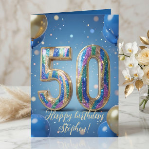 Elegant Blue Gold Sparkly Balloons 50th Birthday Card