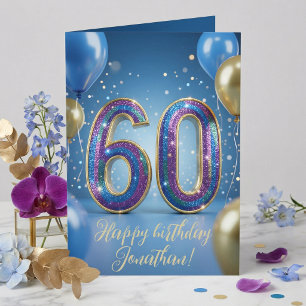 Elegant Blue Gold Sparkly Balloons 60th Birthday Card