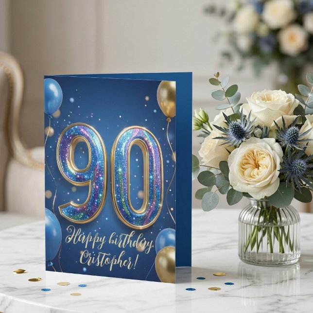 Elegant Blue Gold Sparkly Balloons 70th Birthday Card (Creator Uploaded)