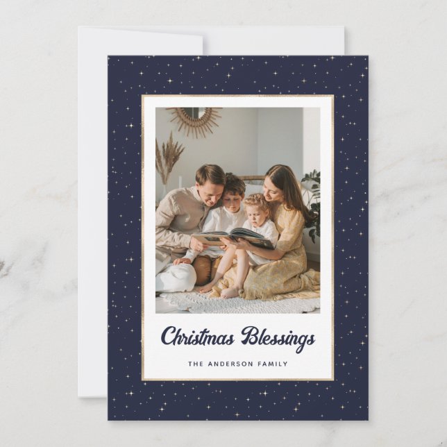 Elegant Blue Gold Starry Photo Holiday Card (Front)