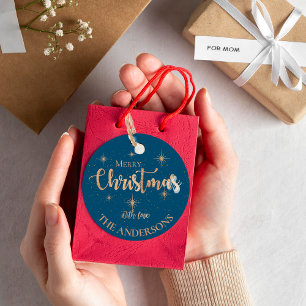 Elegant Blue Gold Stars Name Merry Christmas Favour Tags