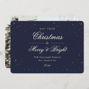 Elegant Blue Gold Stars Photo Christmas Holiday Card
