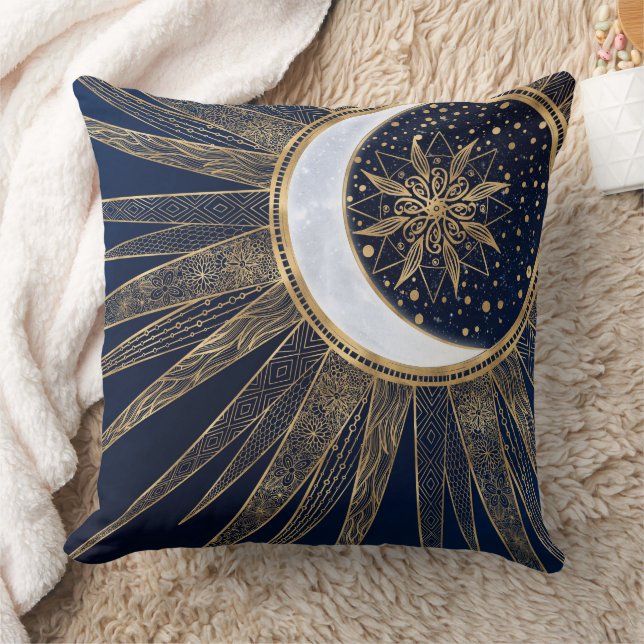Elegant Blue Gold Sun Moon Mandala Cushion (Blanket)