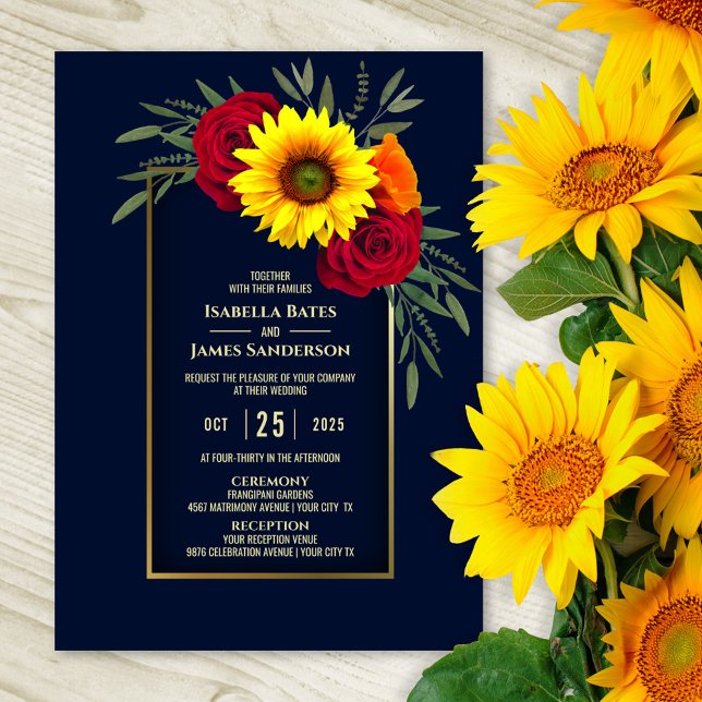 Elegant Blue Gold Sunflower Red Rose Wedding Invitation (Creator Uploaded)
