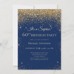 Elegant Blue Gold Surprise 60th Birthday Party Invitation