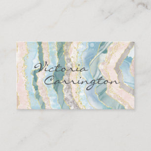 Elegant Blue Gold Teal Agate Script Business Card