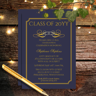 Elegant Blue   Gold University Graduation Party Invitation