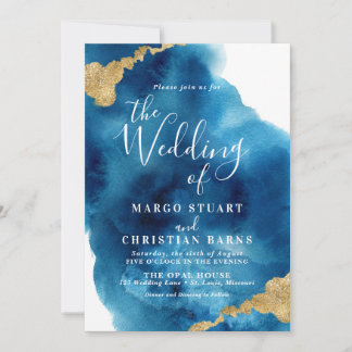 Elegant Blue & Gold Watercolor Wedding Invitation