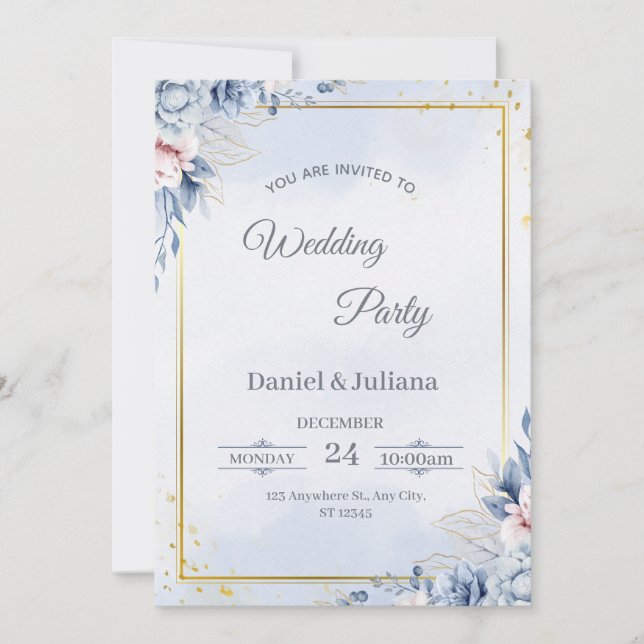 Elegant Blue & Gold Wedding Invitation (Front)